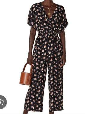 Madewell Black Floral Wrap-Front Wide-Leg Jumpsuit Medium